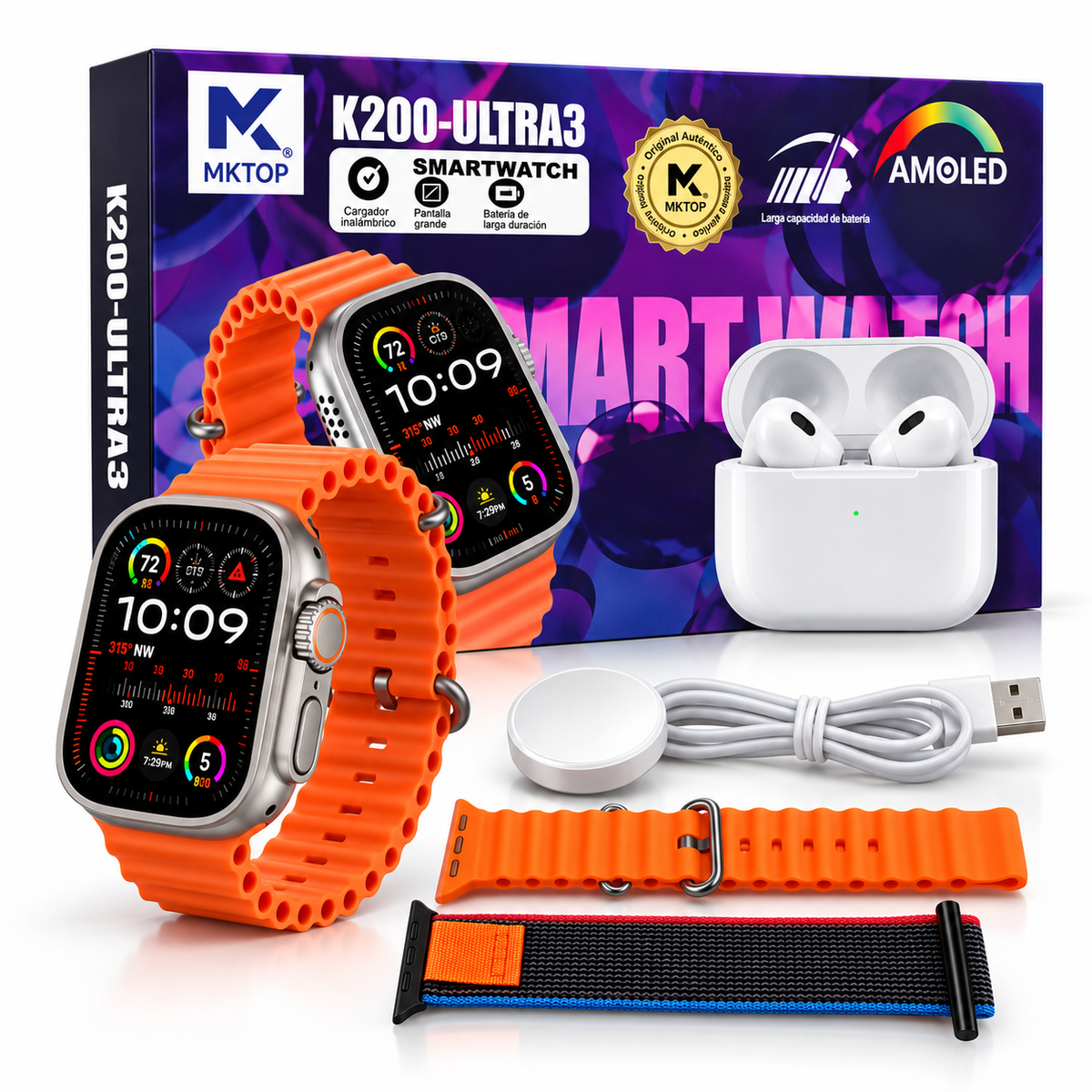 Smartwatch K200 Ultra 3 con audífonos y 2 correas