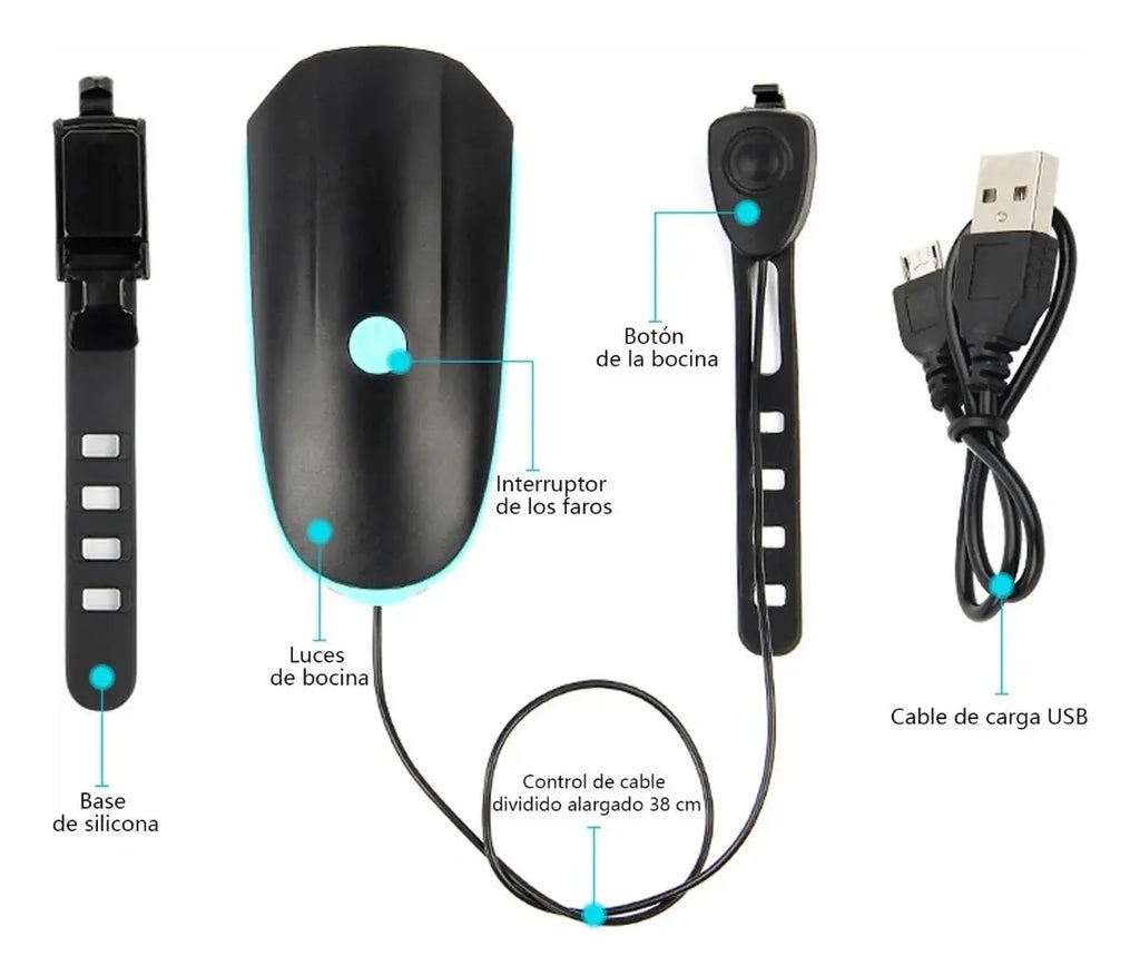 Luz LED Recargable USB para Bicicleta con Bocina 120 dB y Control Remoto