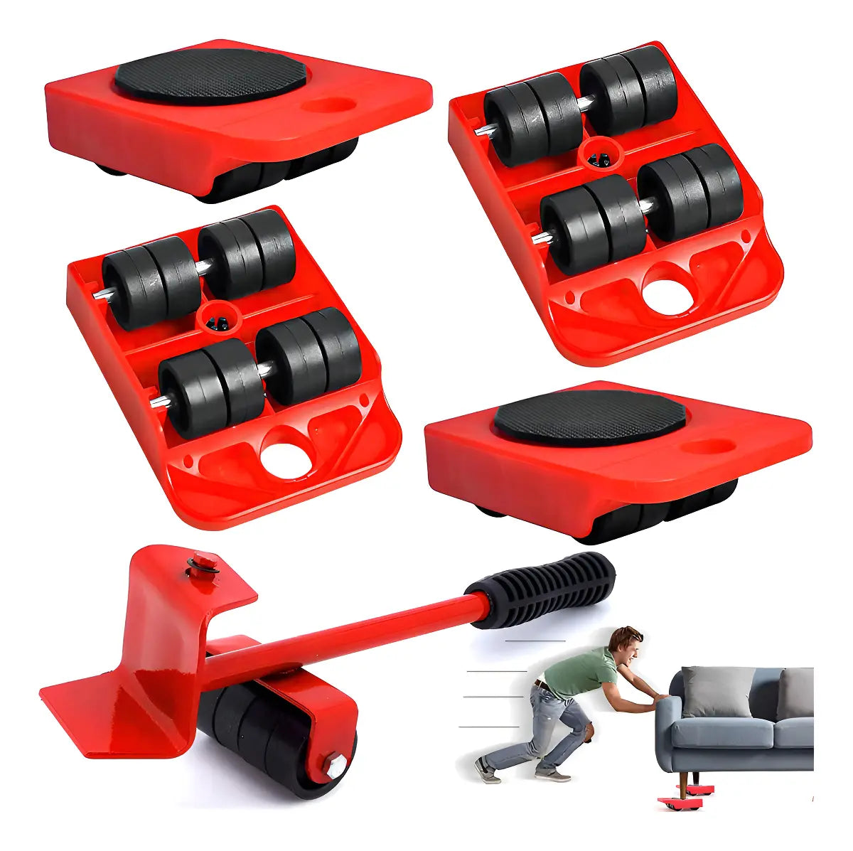 Kit de Bases con Ruedas y Palanca para Mover Muebles