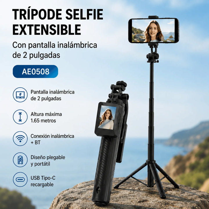 Trípode Selfie AE0508 con Pantalla Inalámbrica